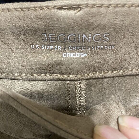 Chicos Faux Suede Jeggings Womens Sz 00 US 2 Brown Gold Shimmer Stretch Pockets - Picture 3 of 6